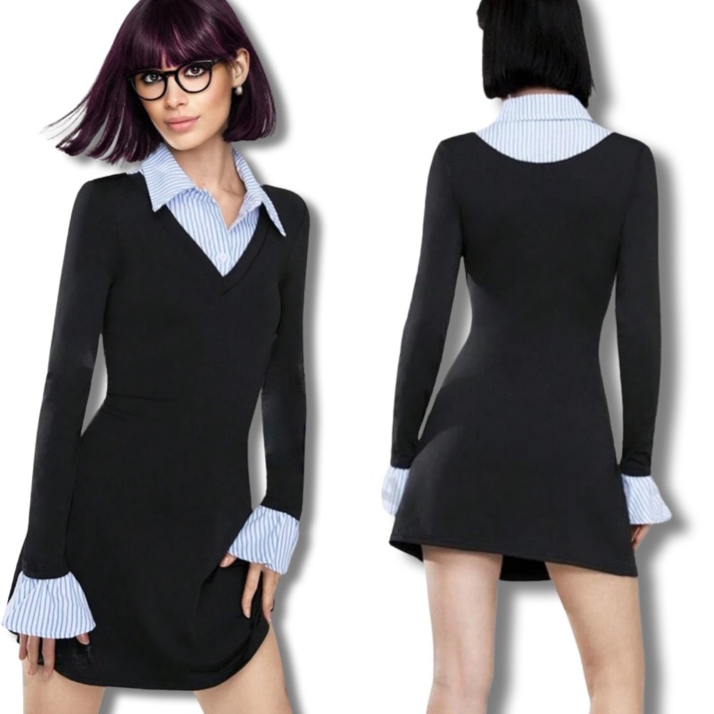 Black Long Sleeve Dress with Striped Collar